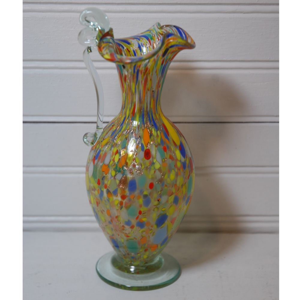 Vintage Carnival Pitcher Hurricane glass small‎ vase handle Speckled Confetti
